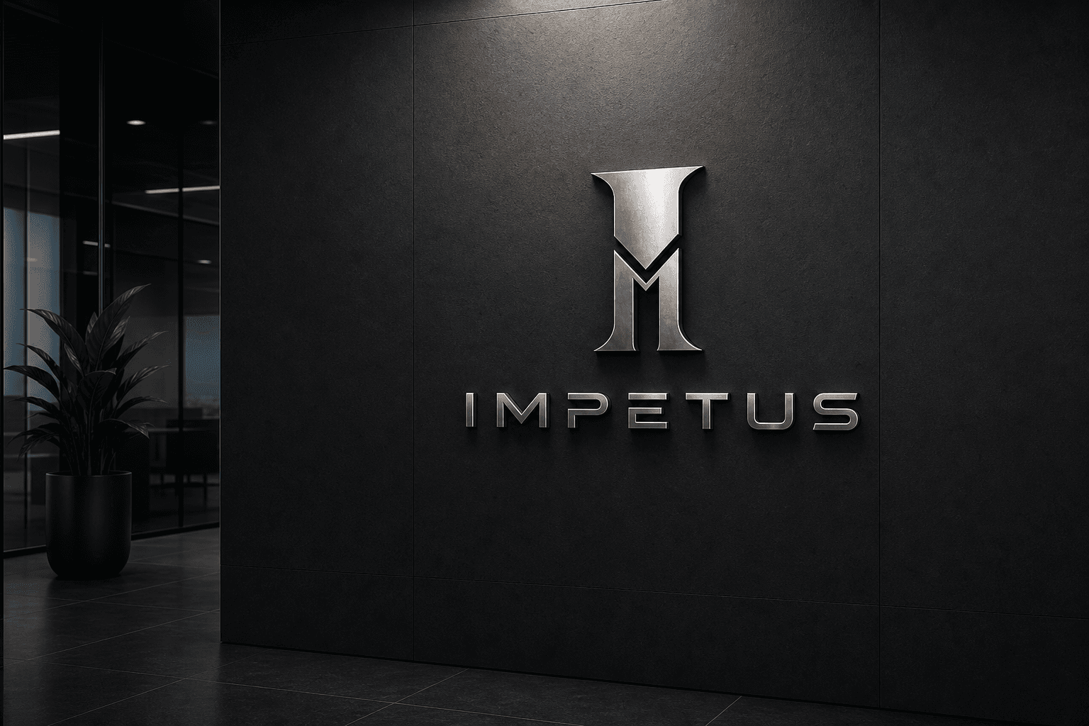 Parede do escritório IMPETUS com logotipo metálico